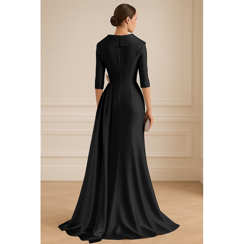 Blue Black A-Line Evening Gown Elegant Dress Formal Wedding Floor Length Half Sleeve Lapel Stretch Satin with Pleats 20253