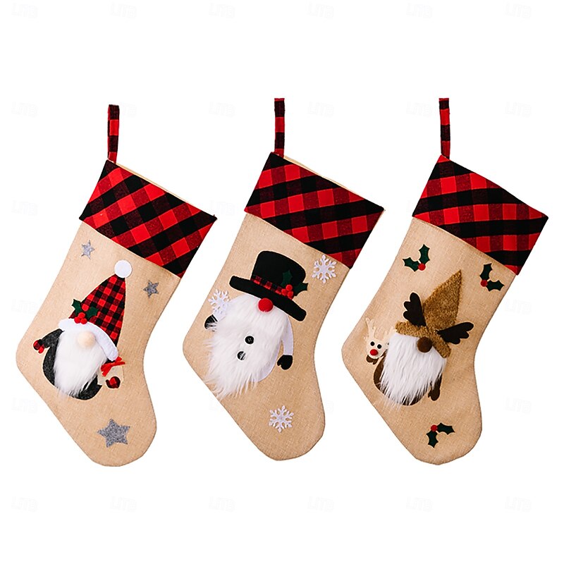 Christmas Stocking Red Black Plaid Trim Applique Cartoon Santa Gift Bag Holiday Window Hanging Ornament for Home Fireplace Festive Christmas Party Decoration Accessory4