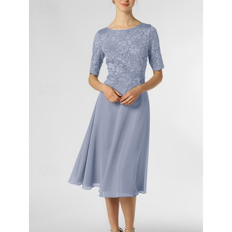 A-Line Mother of the Bride Dress Wedding Guest Elegant Petite Scoop Neck Knee Length Chiffon Half Sleeve with Pleats Solid Color