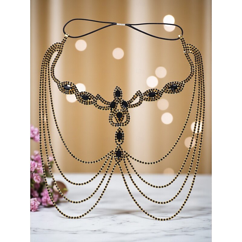 Women's Gothic Crystal Face Chain Headpiece - Black Rhinestone Mask Jewelry for Ladies, Mysterious Costume Accessory for Halloween Party, Masquerade and Nightclub Outfits3