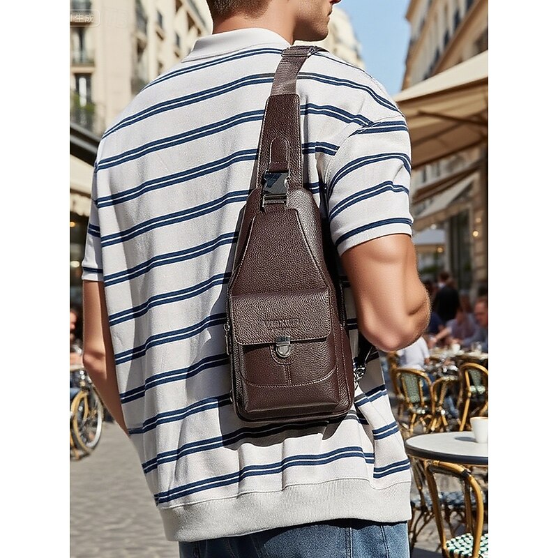 Men's Brown Black Faux Leather Crossbody Sling Bag – Water-Repellent Scratch-Resistant Chest Shoulder Pack for Casual, Travel, and Outdoor Use3