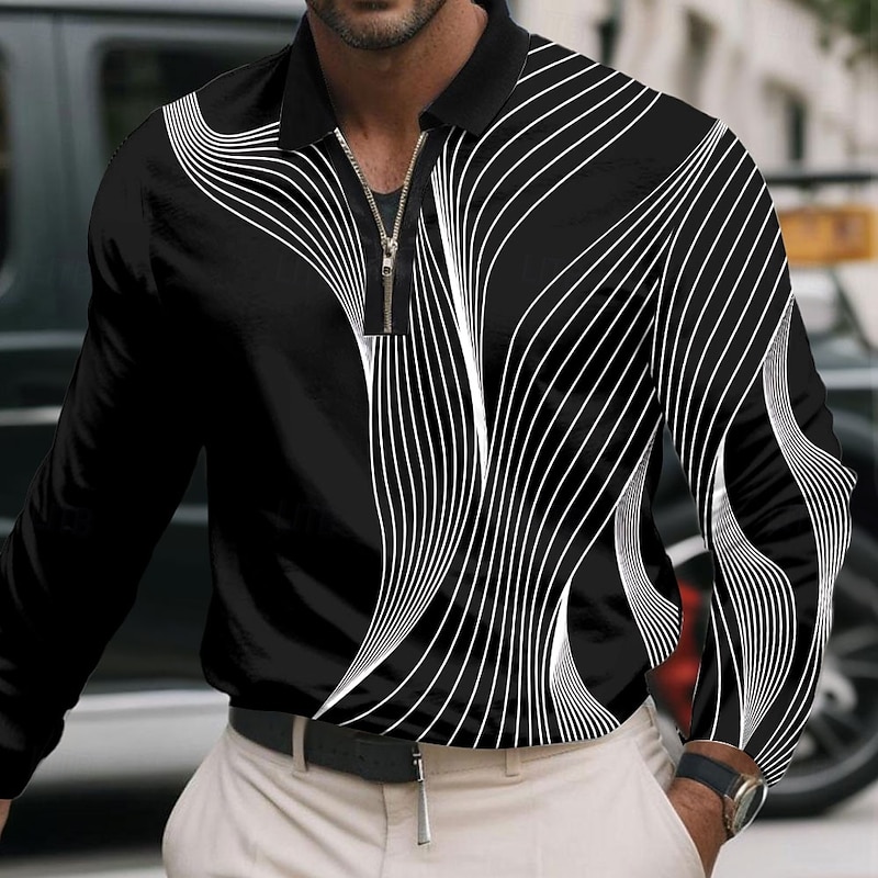 Men's Geometric Line Polo Long Sleeve Polo Shirts Lapel Business Casual Athleisure Daily Wear 3D Print Quarter Zip Polo Spring Fall Winter Black White Blue2