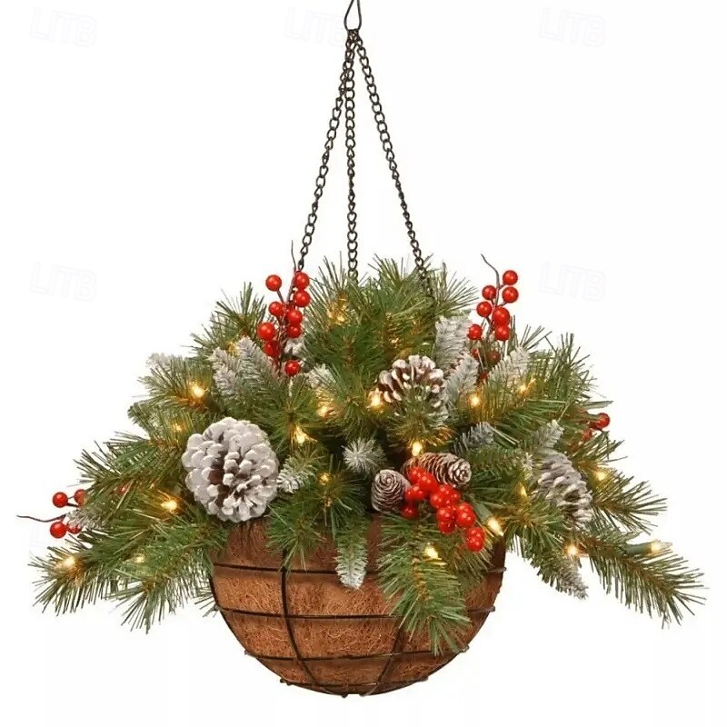 Artificial Christmas Hanging Basket with Golden Pine Cones, Red Berries & White Flowers Perfect for Indoor/Outdoor Front Door, Wall, Window, Lawn, Garden Decor2