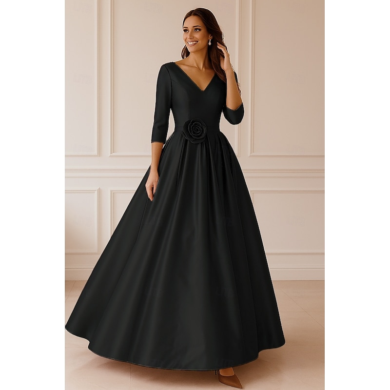 Red Pink Black A-Line Evening Gown Elegant Dress Formal Wedding Floor Length 3/4 Length Sleeve V Neck Stretch Satin with Ruched 20254