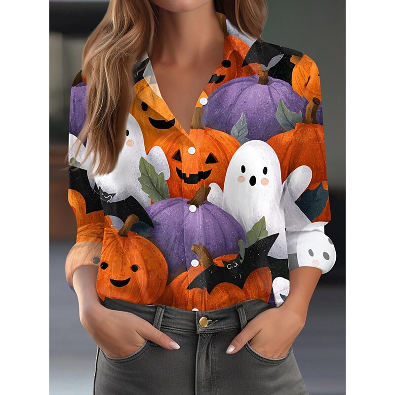 Halloween Women's Shirt Ghost Graphic Pumpkin Elegant Vintage Tropical Long Sleeve Bishop Sleeve Shirt Collar Regular Tops Daily Holiday Print Black Pink Orange Summer Spring Fall - Main Image