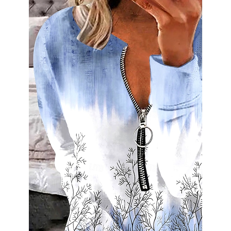 Women's Pullover Sweatshirt Zip Up Sweatshirts Floral Graphic Fashion Casual Long Sleeve Crew Neck Regular Tops Street Dailywear Zipper Print Blue Spring Fall Winter2