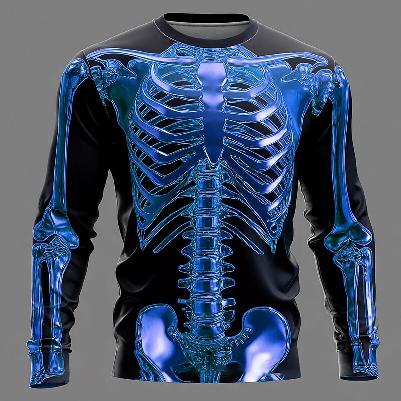 Halloween Men's 3D Metallic Skeleton T Shirt Long Sleeve T shirt 3D Print Crew Neck Shirt Fashion Exaggerated Street Casual Daily Blue Gold Green Summer Spring Fall Clothing Apparel S M L XL XXL XXXL2