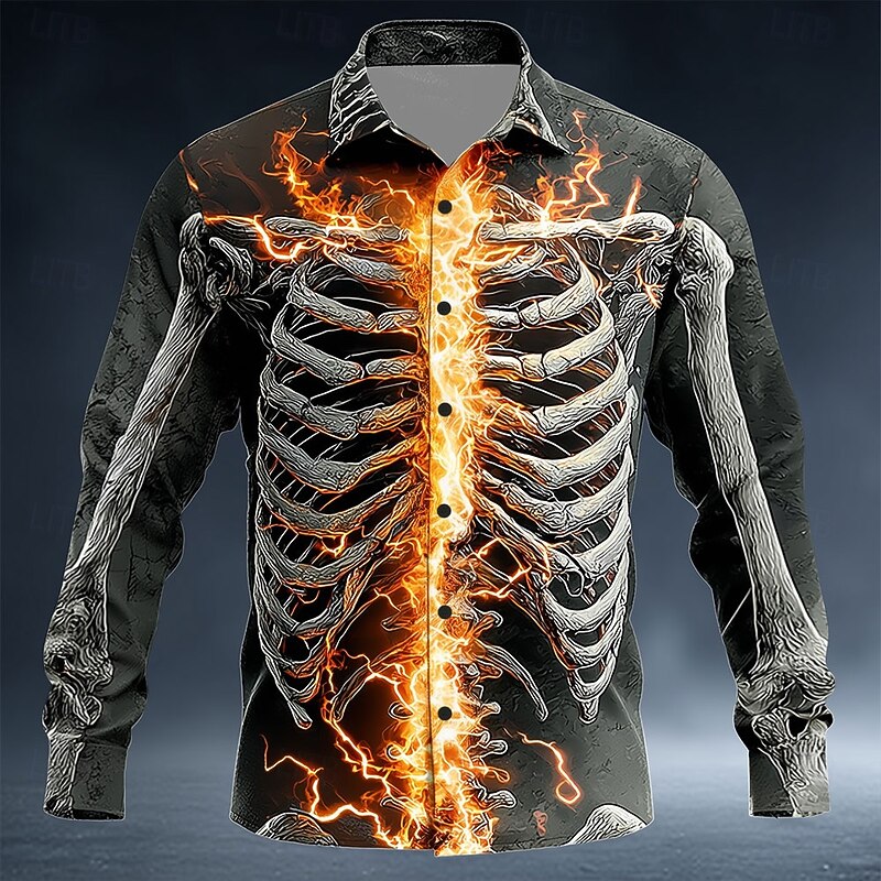 Halloween Men's Skull Lightning Skeleton Shirt Button Up Shirt Long Sleeve Dark Gothic Style Outdoor Holiday Summer Spring Turndown 3D Print Collared Shirts Dark Gray Gray2