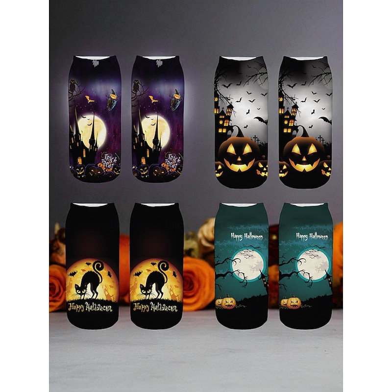 Women's Halloween Print Ankle Socks with Pumpkin, Cat and Haunted House Design - Fun Nightlife Party Hosiery for Costume and Holiday Outfits