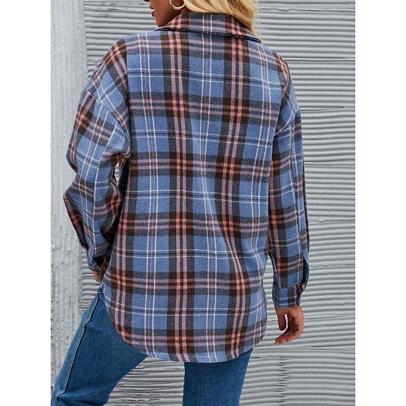 Women's Shirt Jacket Casual Jacket Comfortable Breathable Pocket Buttons Print Fashion Casual Plaid Vacation Street Casual Daily Wear Single Breasted Regular Stand Collar Regular Fit Long Sleeve3