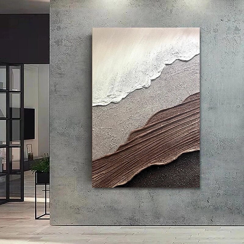 3D Framed Textured Wall Art Ocean Wave Painting on Canvas Triptych Home Decor Brown Minimalist Painting Earth Tone Wabi-Sabi Living Room Art4