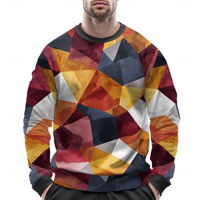 Men's Abstract Sweatshirt Casual Long Sleeve Crew Neck Yellow Red Crewneck 3D All Seasons Designer