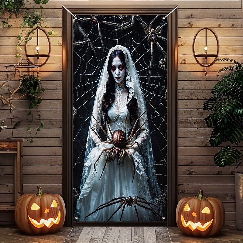 Halloween Door Cover Outdoor Banners Ghost Bride Spider Psychedelic Dark Punk Gothic Style Party Outdoor Shooting Backgrounds Front Door Wall Porch Home Decor3
