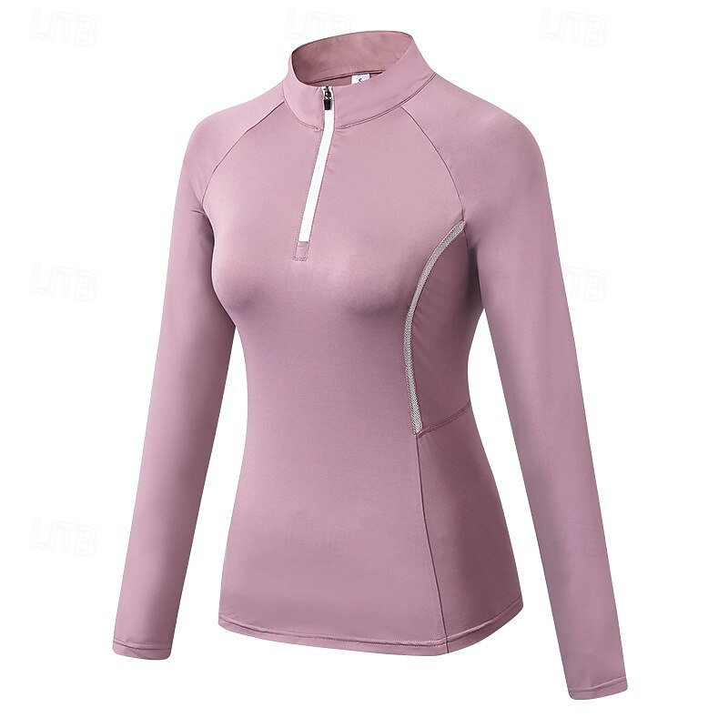 Women's Workout Shirt Stand Collar Quick Dry Quarter Zipper Long Sleeve Sports Solid Color Top For Gym Athletic Sports Activewear2