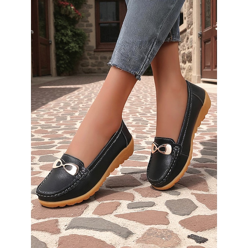 Women's Black Faux Leather Loafers with Gold Buckle – Casual Slip-On Flat Shoes for Daily Wear, Office and Travel2