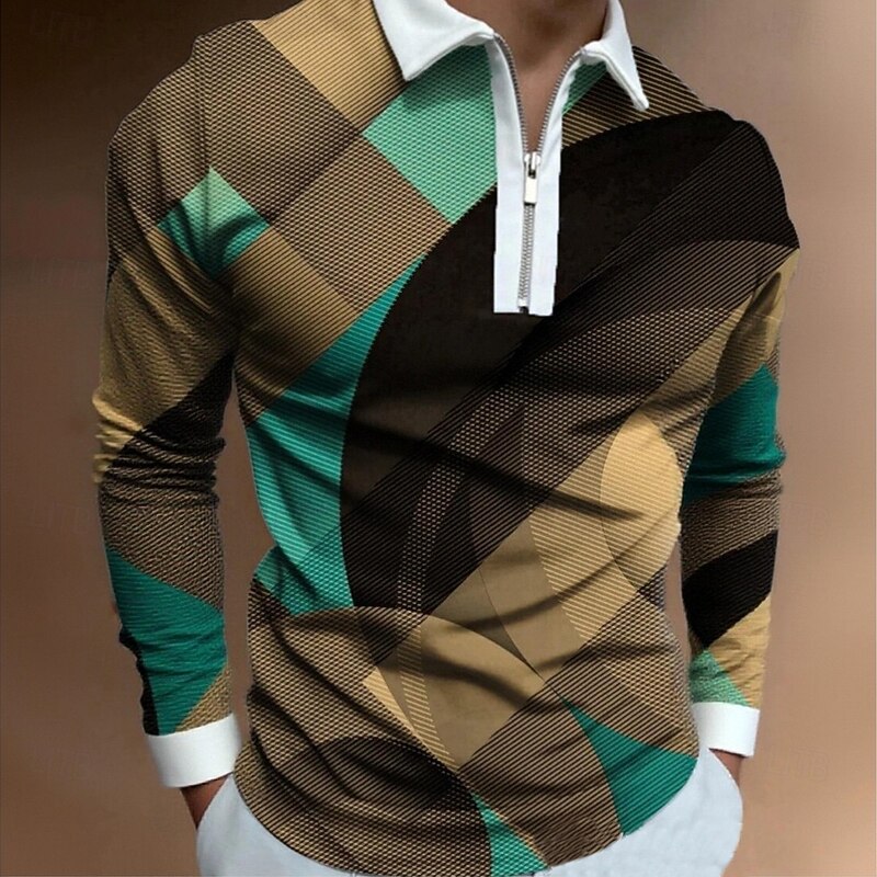 Men's 3D Print Abstract Geometic Polo Long Sleeve Turndown Casual Trendy Street Athleisure Casual Daily Zipper Spring Fall Winter Black Red Brown4
