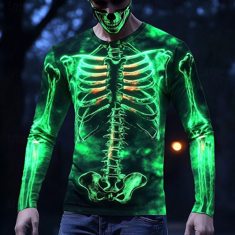 Halloween Day of the Dead Skull Men's 3D Skeleton T Shirt Long Sleeve T shirt 3D Print Crew Neck Shirt Fashion Exaggerated Street Casual Daily Spring Fall Clothing Apparel