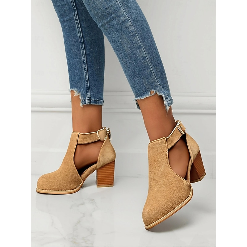 Women's Tan Suede Cut-Out Ankle Boots with Block Heels - Perfect for Casual Outings, Spring and Fall Fashion, and Stylish Everyday Wear3