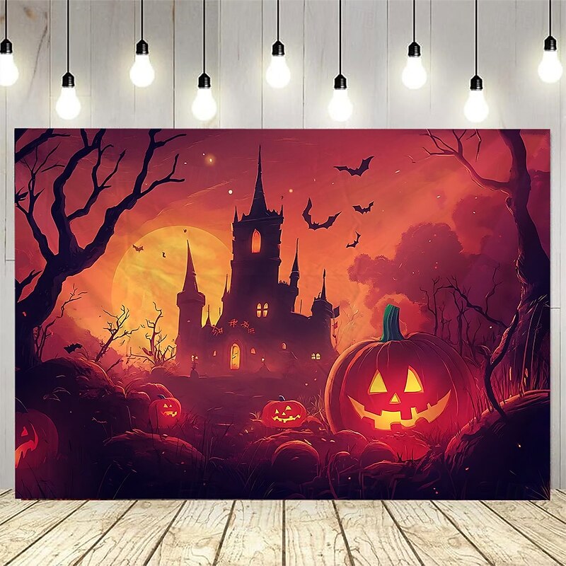 Halloween Photograph Backdrop Tapestry, Pumpkin Lantern and Full Moon Scenery Wall Hanging, Large Decorative Mural for Bedroom, Living Room, Party, and Home Decoration3