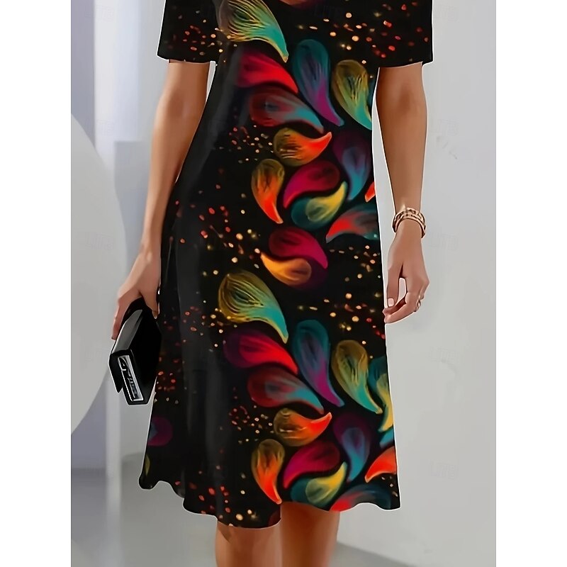 Women's Elegant Party Evening Midi Dress Crew Neck Short Sleeve Shift Dress A Line Dress Casual Boho Daily Regular Fit Ombre Floral Graphic Black Summer Spring Fall3