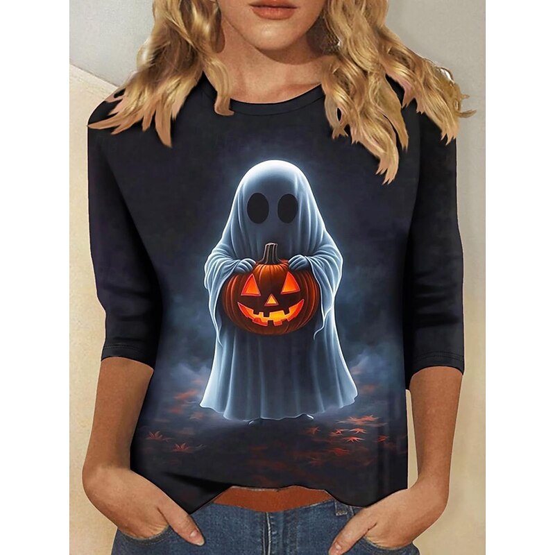 Halloween Women's T shirt Pumpkin Graphic Vintage Fashion Stylish Long Sleeve Crew Neck Round Neck Regular Tops Daily Weekend Print Navy Blue Orange Gray Summer Spring Fall3