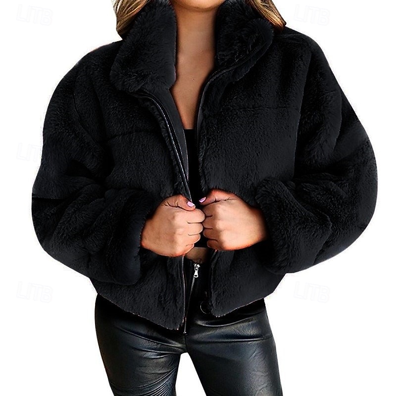 Women's Winter Coat Teddy Coat Faux Fur Coat Warm Comfortable Zipper Outdoor Casual Plain Street Holiday Going out Weekend Zipper Short Turndown Regular Fit Long Sleeve Outerwear Black Pink Blue Fall3