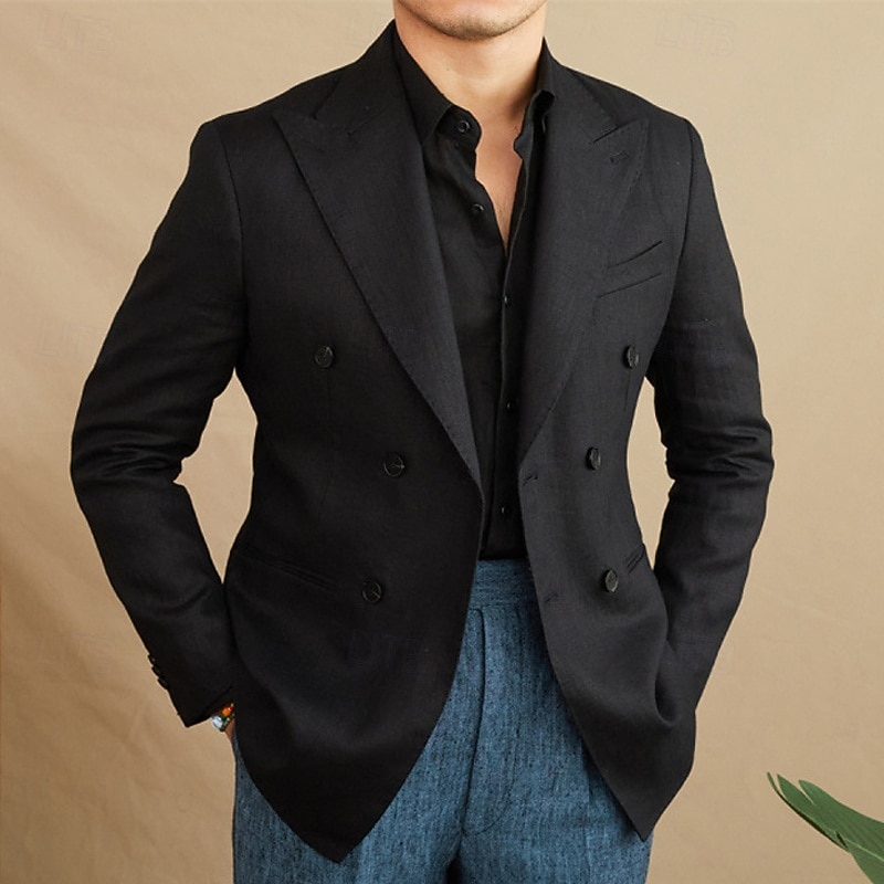 Men's Linen Blazer Blazer Business Cocktail Party Wedding Party Fashion Casual Spring Fall 30% Linen 60% Polyester Plain Pocket Buttons Comfortable Double Breasted Blazer Black White Brown Green3