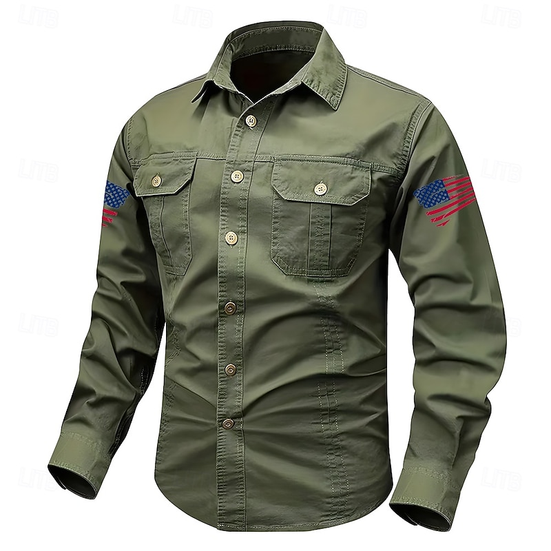 Men's American US Flag Work Shirt Western Shirt Cargo Shirt Long Sleeve Tactical Vintage Retro Sports Outdoor WorkWear Spring Fall Turndown Front Two Pockets Button Up Shirts Black Army Green Blue