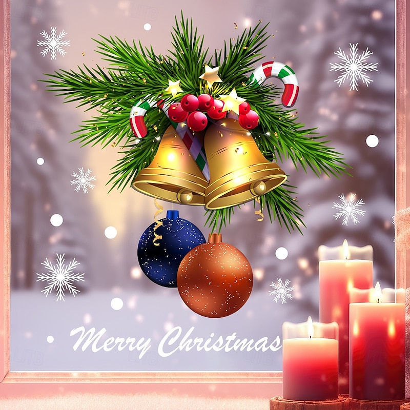 Christmas Window Clings Xmas Wall Sticker Holiday Bell Candy Cane Egg Design Static Cling for Living Room Glass Door Window Decoration Festive Christmas Party Home Accessory4