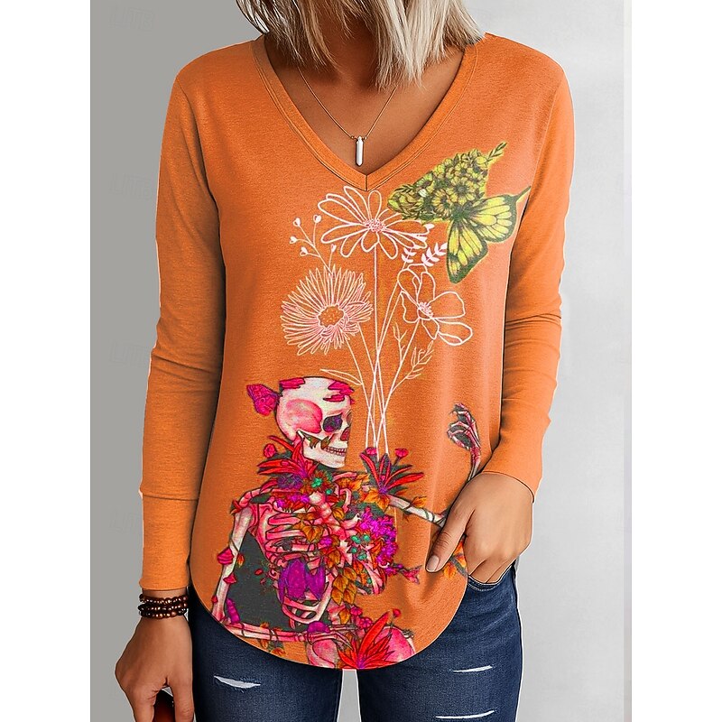 Halloween Women's T Shirt Skulls Graphic Elegant Vintage Stylish Long Sleeve V Neck Regular Tops Daily Going out Weekend Print Blue Purple Orange Green Spring Fall2