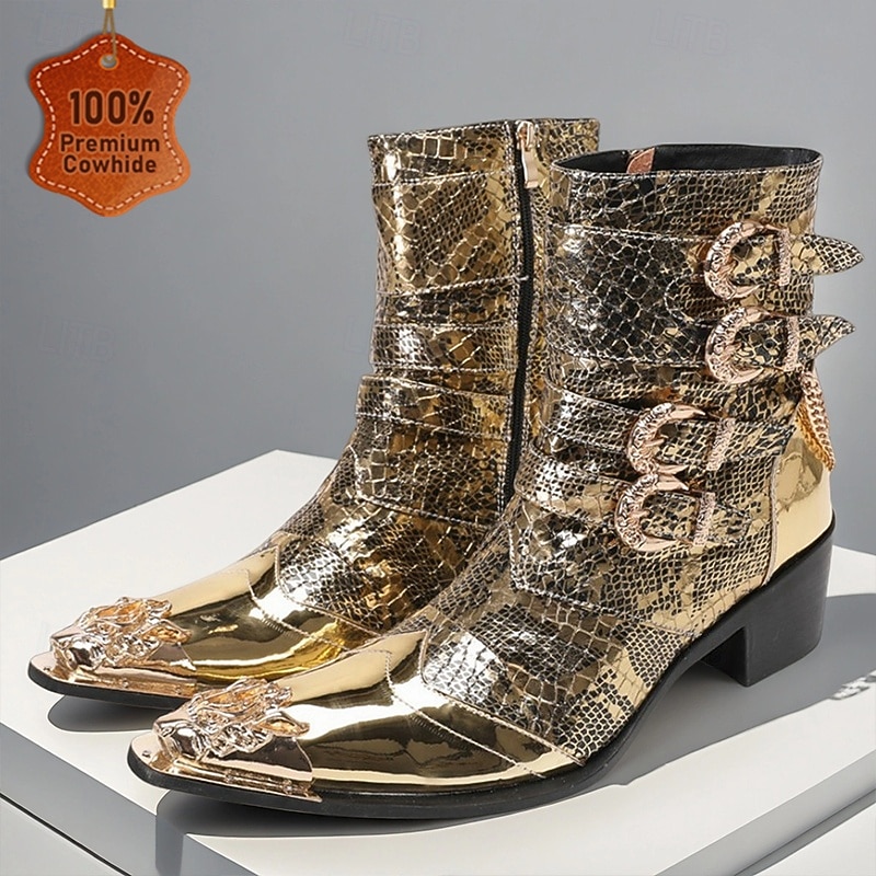 Men's Gold Crocodile-Pattern Ankle Boots – Rocker Style Western Boots with Buckles for Parties, Concerts and Nightlife Fashion