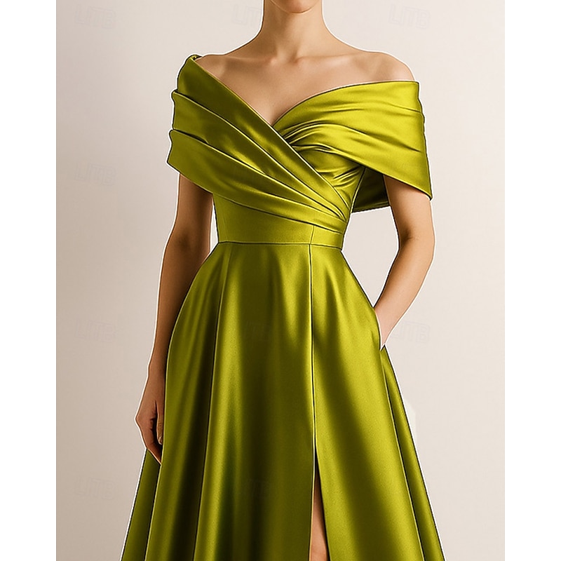 A-Line Evening Gown Elegant Formal Dress Formal Wedding Floor Length Sleeveless Off Shoulder Stretch Satin with Pleats Ruched Slit 20253