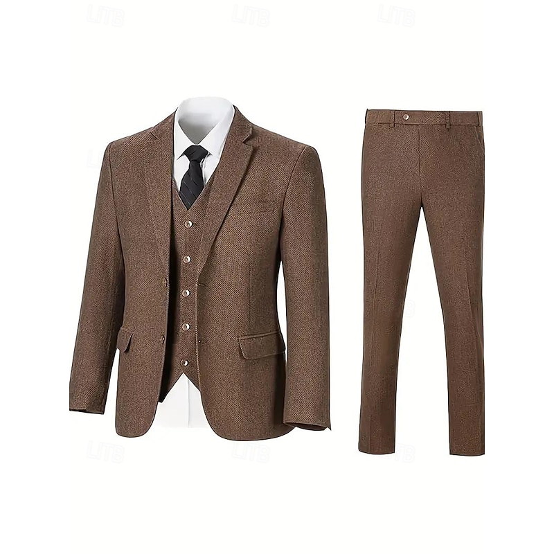 Men's Business Casual Wedding Suits Notch Lapel Brown Daily Casual Solid Colored Tailored Fit 3 Piece Single Breasted Two-buttons3