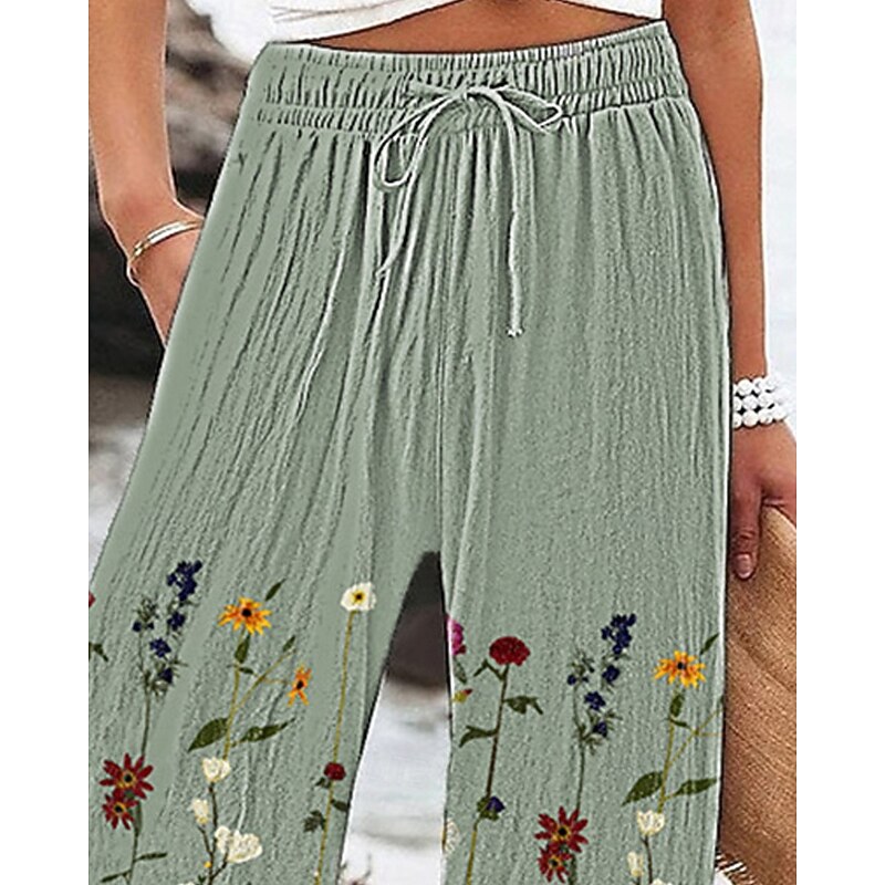 Women's Wide Leg Pants Trousers Palazzo Pants Fashion Boho Full Length High Waist Flower Drawstring Elastic Waist Print Breathability Comfortable Street Daily Wear Going out Green Spring Fall Regular2