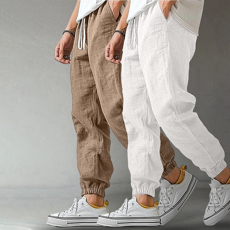 Men's Joggers Linen Pants Trousers Summer Pants Drawstring Pocket Elastic Waist Solid Color Comfort Breathable Full Length Outdoor Vacation Holiday Fashion Classic Style Black+Navy Blue White+Navy3
