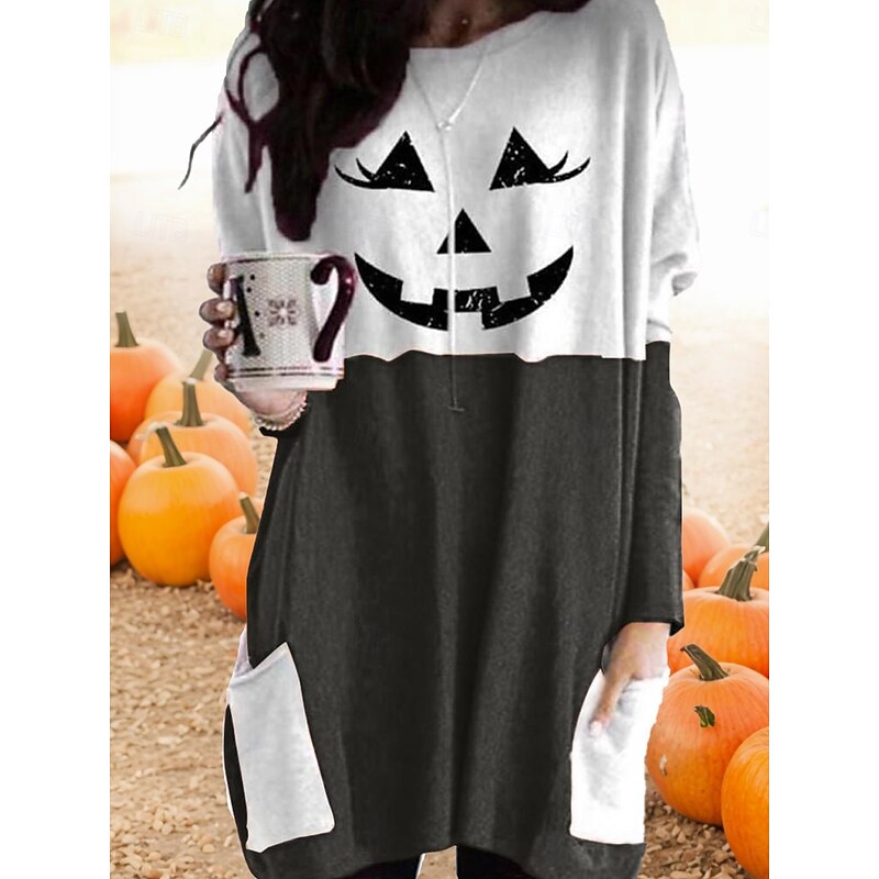 Halloween Women's T shirt Monster Graphic Vintage Fashion Long Sleeve Crew Neck Long Tops Daily Going out Weekend Pocket Print Black White Orange off-white Spring Fall3