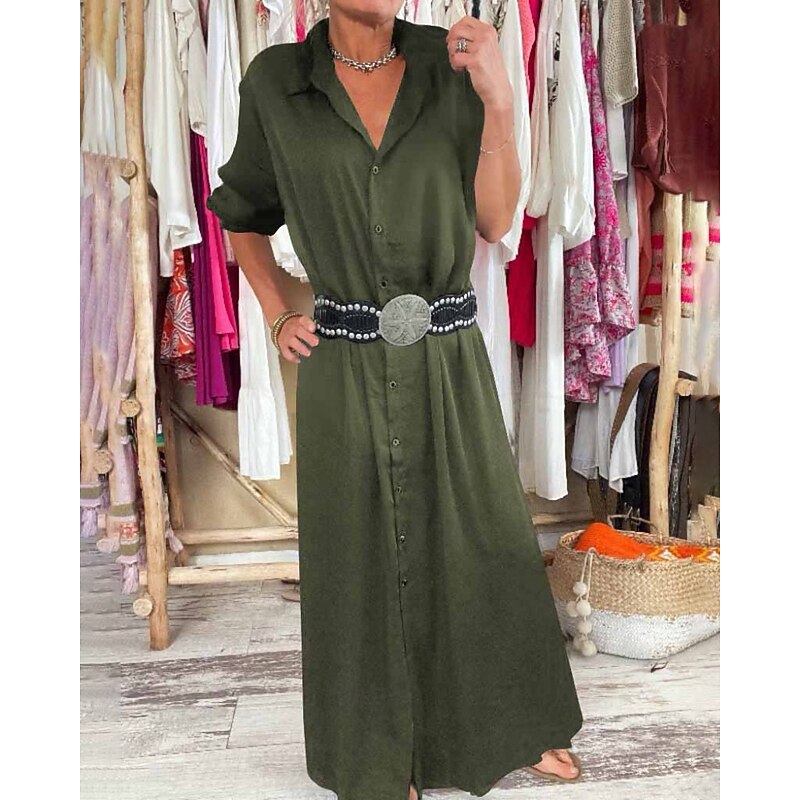 Women's Long Dress Maxi Dress Shirt Dress Classic Modern Outdoor Vacation Holiday Regular Fit Plain Long Sleeve Shirt Collar Black Yellow Wine Army Green Fall4