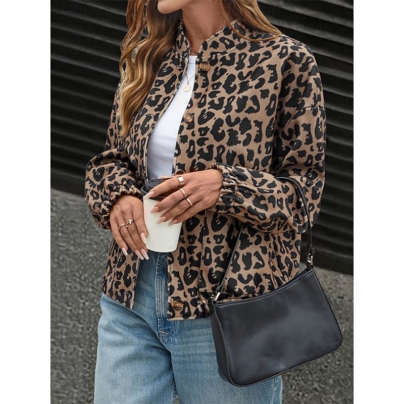 Women's Casual Jacket Comfortable Breathable Pocket Print Vintage Casual Leopard Vacation Street Casual Daily Wear Zipper Regular Stand Collar Regular Fit Long Sleeve Outerwear Brown Spring Fall3