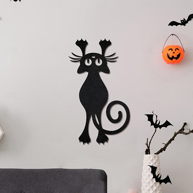 Halloween Decor Non-Woven Fabric Wall Sticker – Long-Tailed Black Cat Hanging Decoration, Perfect for Home Walls, Halloween Party and Festive Seasonal Displays4