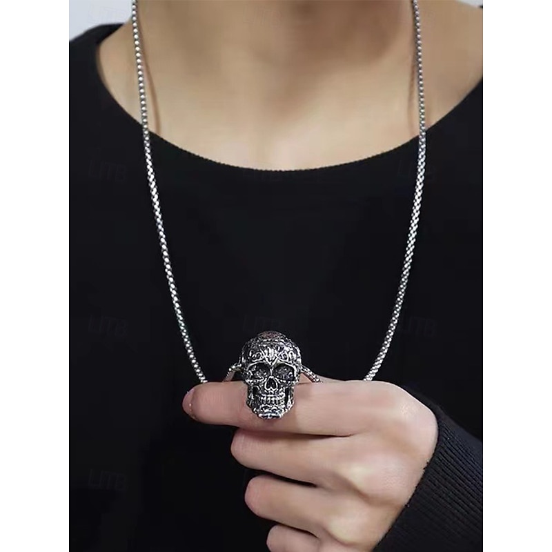 Men's Halloween Gothic Skull Pendant Necklace - Vintage Carved Alloy Chain Jewelry for Party, Cosplay and Everyday Punk Style