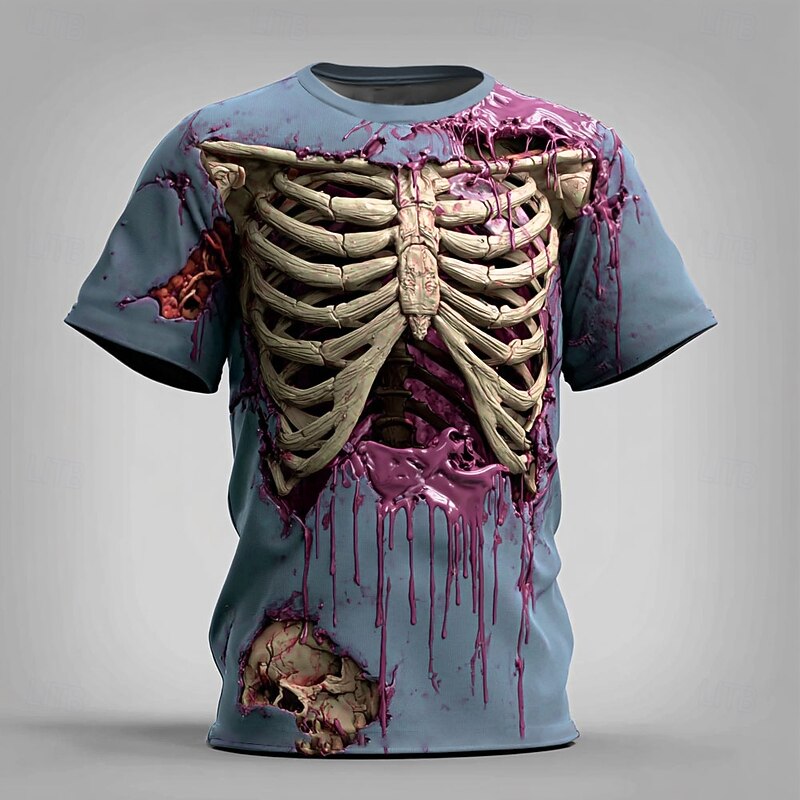 Halloween Men's Optical Illusion 3D Skeleton T Shirt Short Sleeve T shirt 3D Print Crew Neck Shirt Exaggerated Designer Horror Party Street Holiday Yellow Blue Purple Summer Spring All Seasons