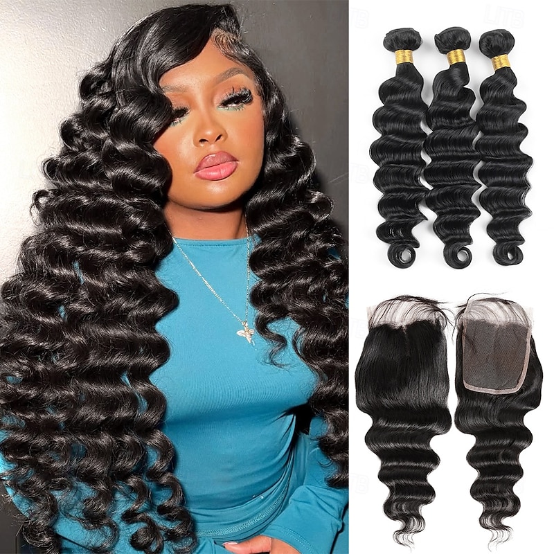 Brazilian Human Hair  Loose Deep Human Hair Weave Extension 3 Bundles With Closure 4x4 Lace Closure hair