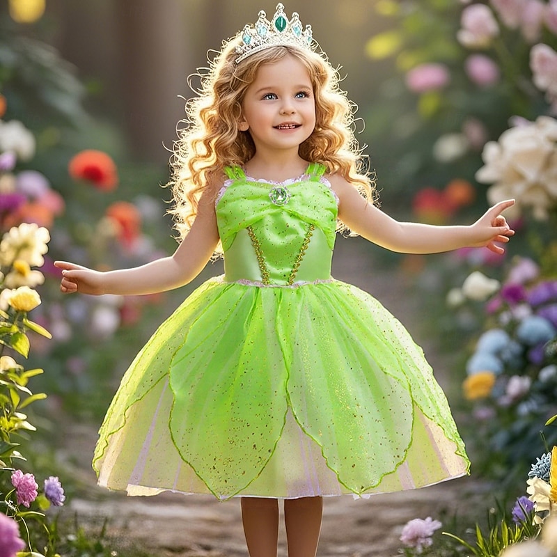 Peter Pan Fairy Tale Princess Elf Tinker Bell Dress Flower Girl Dress Tulle Dresses Storybook Characters Movie Cosplay for Girls' Kid's Halloween Carnival World Book Day Performance Educational Dress