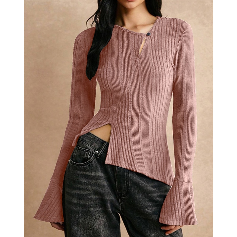 Women's Sweater Pullover Daily Stylish Casual Solid Color Ribbed V Neck Patchwork Buttons Knitted Long Sleeve Regular Tops Knit Daily Holiday Going out Black Pink Fall