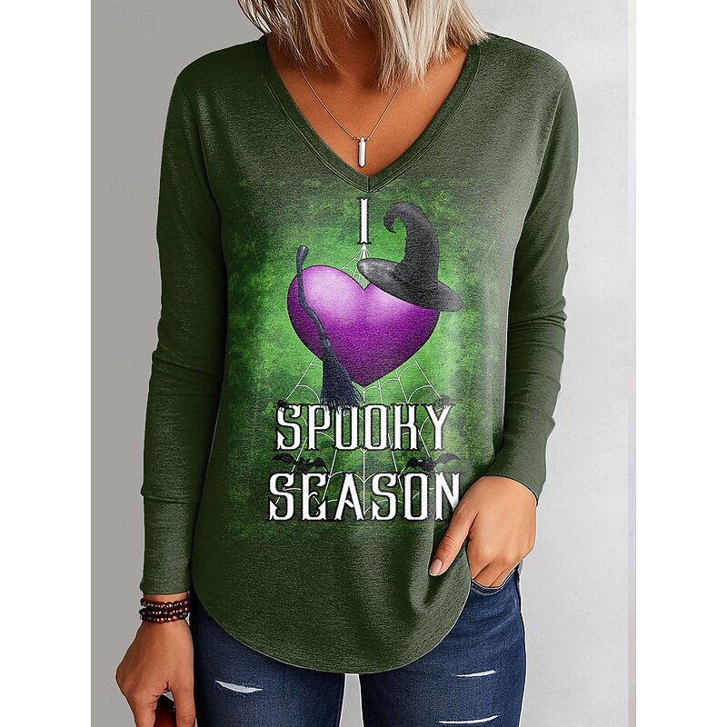 Halloween Women's T Shirt Graphic Halloween Elegant Vintage Stylish Long Sleeve V Neck Regular Tops Daily Going out Weekend Print Blue Purple Green Spring Fall3