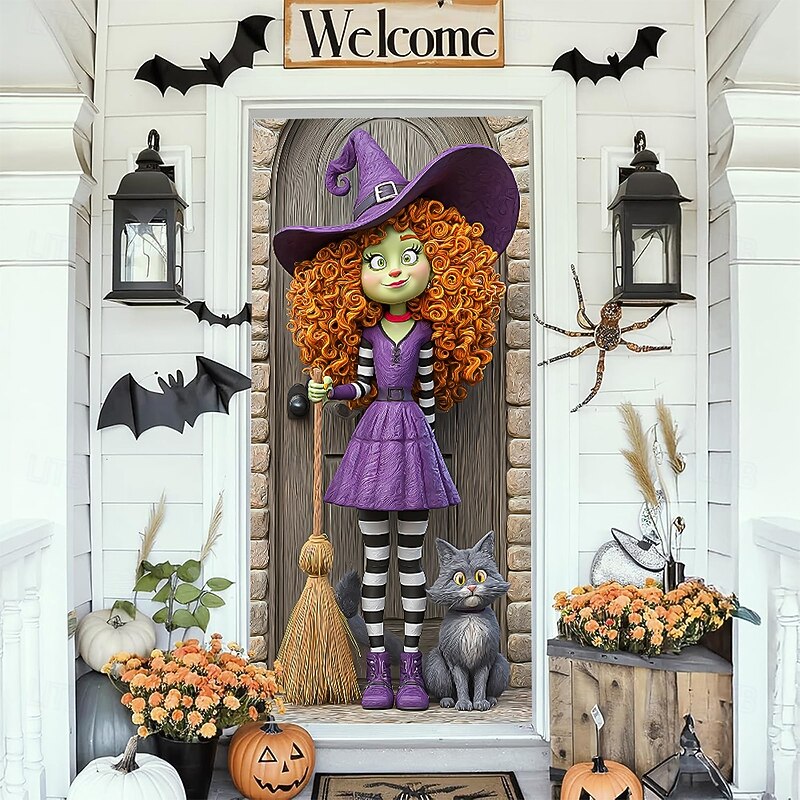 Halloween Door Cover Outdoor Banners Witch Cat 3D Psychedelic Dark Punk Gothic Style Party Outdoor Shooting Backgrounds Front Door Wall Porch Home Decor4