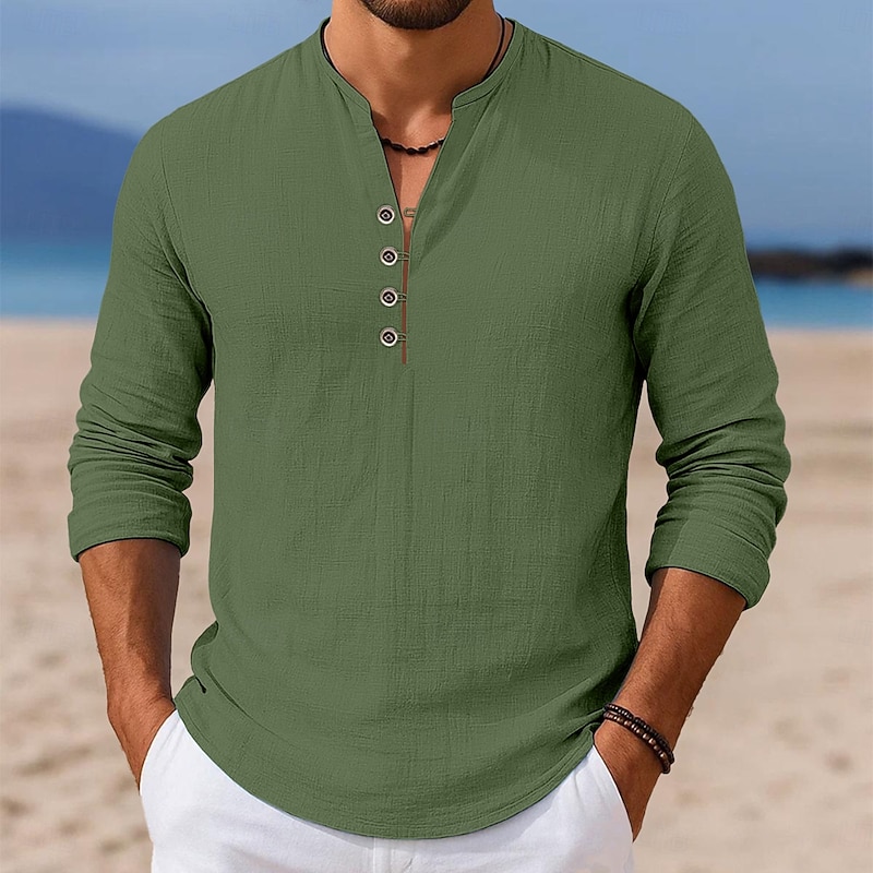 Men's Shirt Linen Shirt Summer Shirt Beach Shirt Solid Color Vacation Casual Black White Green Light Blue Long Sleeve Henley Fall Spring & Summer Clothing Apparel3