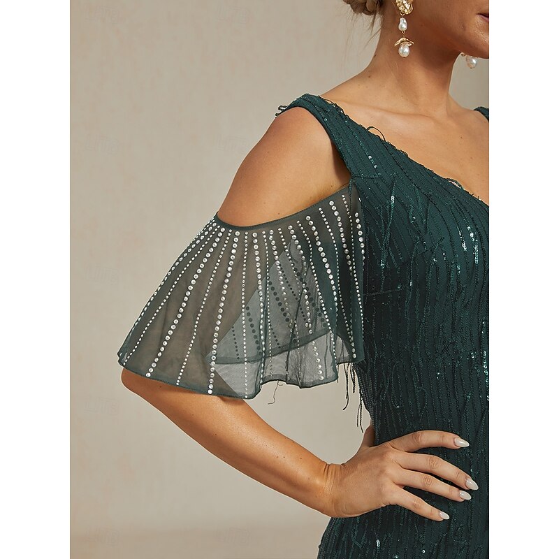 Women's Maxi Dress Sheath Dress Elegant Party Birthday Solid Color Half Sleeve V Neck Green Summer3