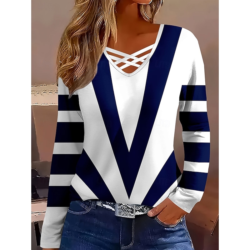 Women's T Shirt Graphic Striped Geometry Vintage Stylish Classic Long Sleeve V Neck Regular Tops Daily Cut Out Print Navy Blue Fall Winter