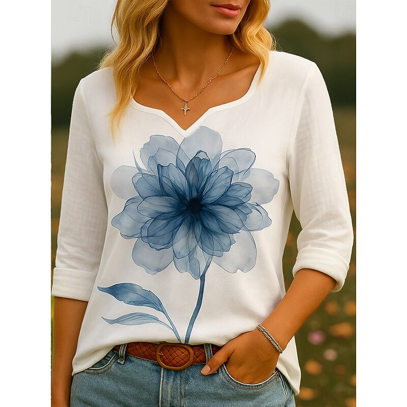 Women's 100% Cotton Shirts Floral Graphic Vintage Tropical Stylish 3/4 Length Sleeve Crew Neck Asymmetrical Square Neck Regular Tops Daily Holiday Red Blue Purple Green Summer Spring